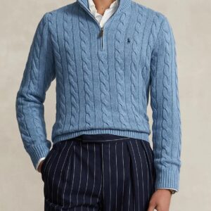 Men's Premium Cable-Knit Half-Zip Sweater - Sky Blue
